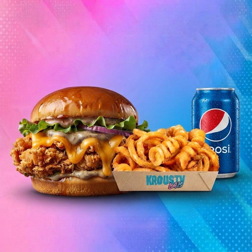Formule fast-food Krousty Lab à Haubourdin — burger, frites et boisson